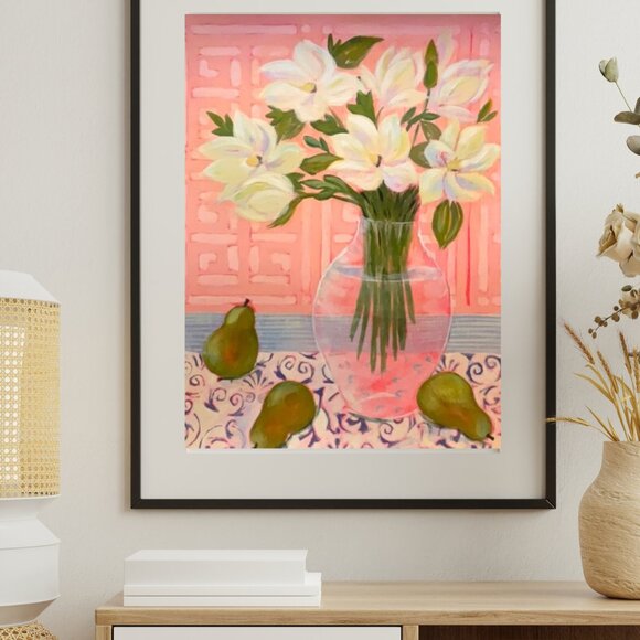 Original Acrylic Floral Painting  Fashion Wall Decor  Handmade Ivory and… - Picture 2 of 7